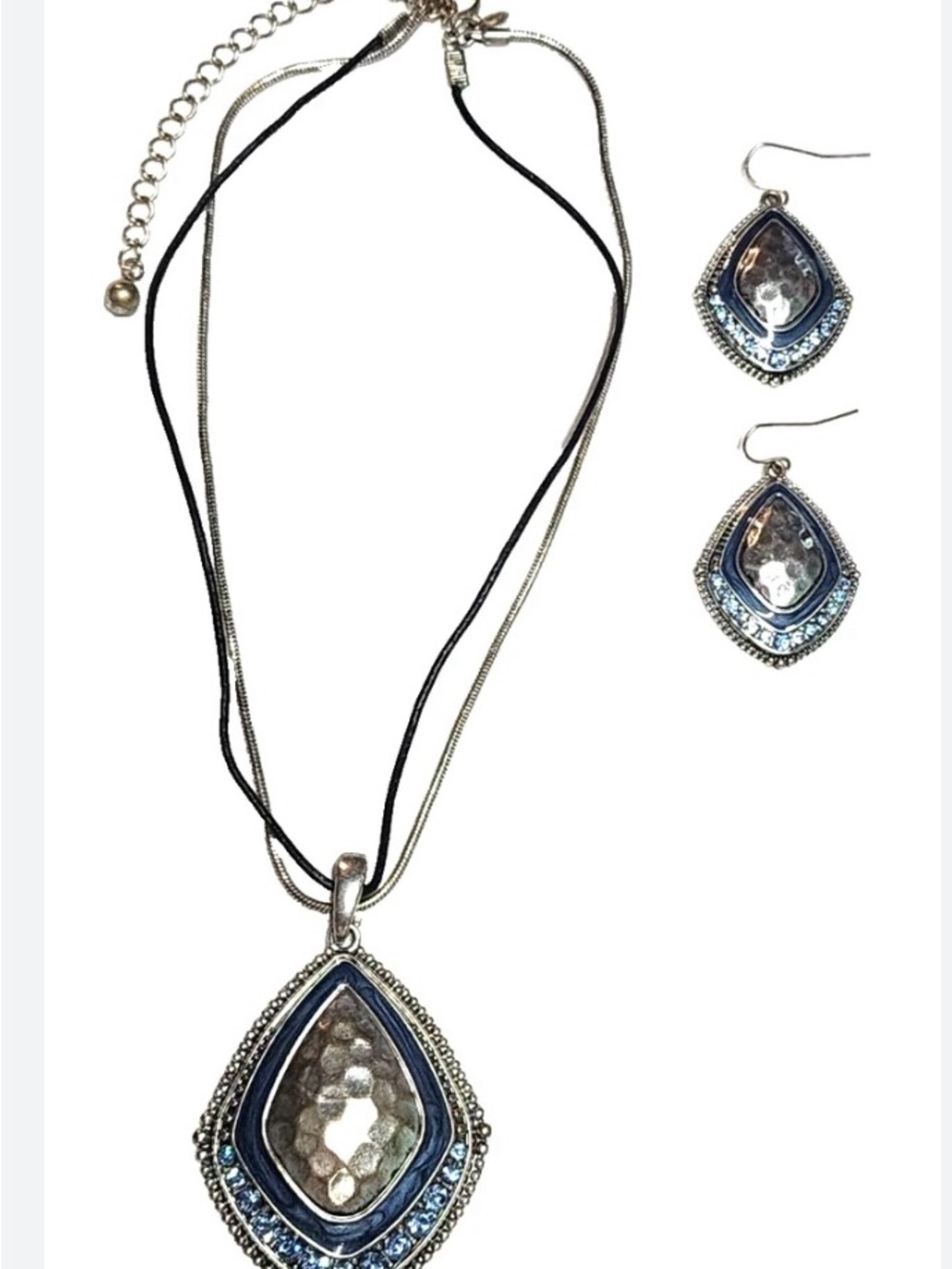 Premier Designs Blue Teardrop Metal, Rhinestone Necklace and Earring Set